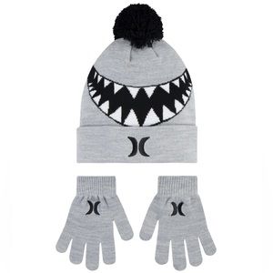 Boys 8-20 Hurley Sharkbait Winter Pom Beanie Hat & Gloves Set, Gray NEW